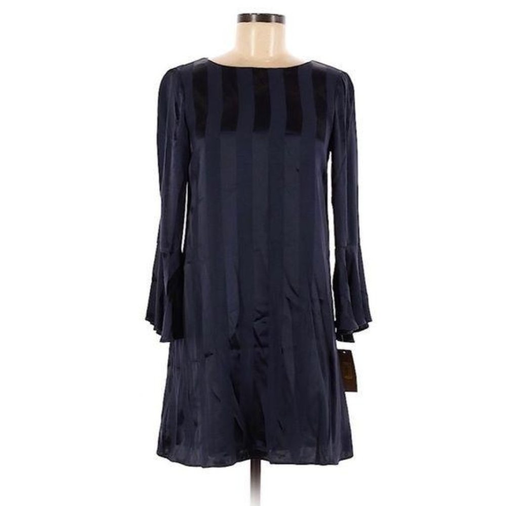 Cremieux Satin Dress Tulip Sleeve Striped Dark Blue Size XS New - Picture 9 of 9